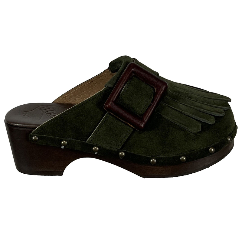 ANTIDOTI women's green suede clog with fringes FIBBY VE 100% leather MADE IN ITALY